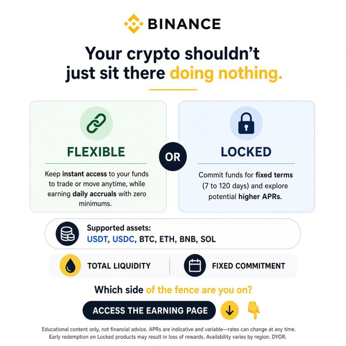 A Binance promotional graphic reading 'Your crypto shouldn't just sit there doing nothing,' comparing 'Flexible' and 'Locked' earning options for assets like USDT, USDC, BTC, ETH, BNB, and SOL.