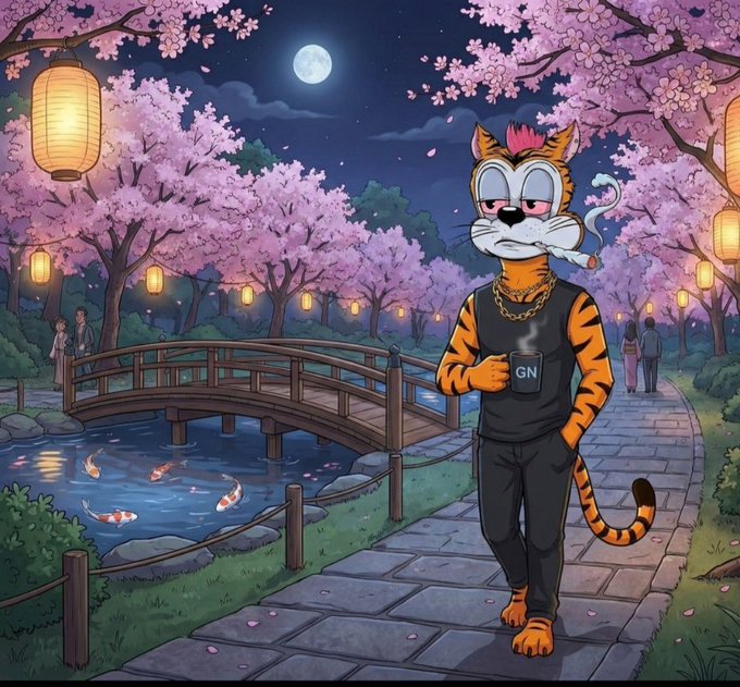 An anime-style illustration of an anthropomorphic tiger wearing a black tank top, gold chain, and smoking a cigarette with 'GN' cup, standing in a Japanese garden with cherry blossoms, a bridge, koi pond, and lanterns under a full moon.