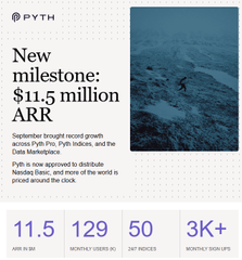 The image is a Pylith promotional infographic highlighting a milestone of $11.5 million ARR, achieved through record growth across its Pyth, Pylith Indices, and Data Marketplace services, with 50 monthly users across 129 indices and over 3,000 signups. It relates to the post by drawing a comparison to Ripple, suggesting that Pylith is on a similar growth trajectory as Ripple's push for $1 billion ARR, emphasizing themes of persistence and scaling.