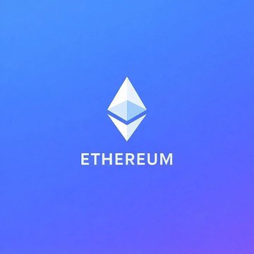 Etherium logo, a white diamond with a blue border and a small triangle on top, is centered against a gradient background of blue and purple hues.
