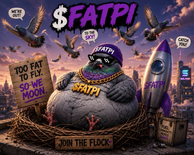 A meme-style image featuring a fat pigeon wearing a '$FATPI' cap, sunglasses, and a gold chain, sitting in a nest with a rocket and signs reading 'TOO FAT TO FLY. SO WE MOON' and 'JOIN THE FLOCK', with speech bubbles like 'WE'RE OUT!' and 'TO THE SKY!'.