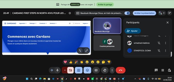 The image shows a Google Meet video call titled "CARDANO FIRST STEPS IN NORTH-KIVU POUR LES..." with presenter Baudouin Muvunga, displaying the Cardano homepage ("Commencez avec Cardano") and a participants panel including schadrack kabihora and STAKEPOOL GOMA, alongside a timestamp of 20:49. This visual supports the post's gratitude toward participants of an interactive Cardano session, likely a North-Kivu blockchain education event held at 20:30 as advertised.