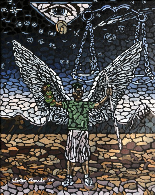 A painted artwork depicts a winged figure with white angelic wings, a green patterned shirt, and white shorts, standing before a scale and an all-seeing eye in a stained-glass style, signed 'Christen Edwards '26'.