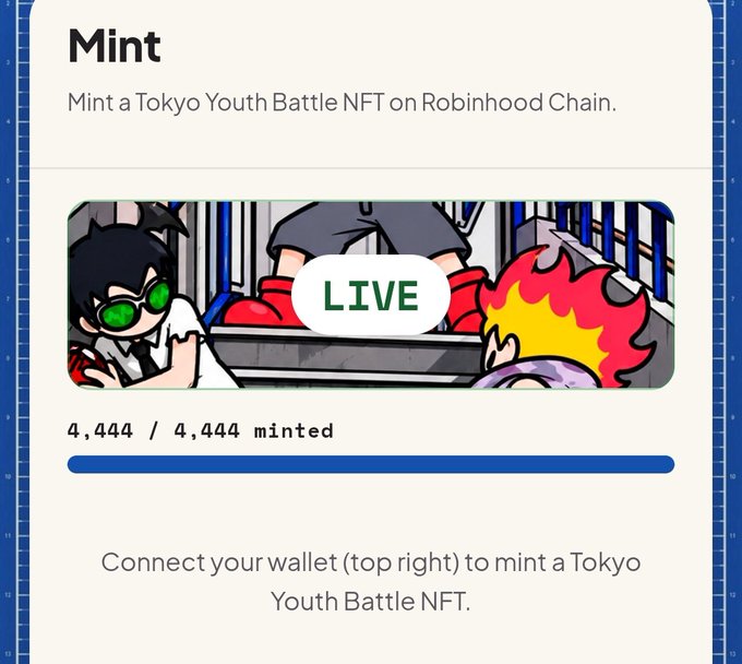 A webpage showing a mint screen for 'Tokyo Youth Battle NFT' on Robinhood Chain, with 4,444/4,444 minted and a 'LIVE' banner over anime-style character artwork.