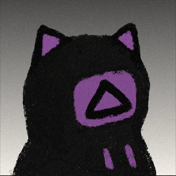 A stylized black cat illustration with purple triangular ears, a triangular nose, and two purple whiskers. The minimalist digital artwork evokes a crypto/NFT aesthetic, fitting the post's mention of buying @AGNTSOCIAL on the secondary market and teasing upcoming holder benefits.