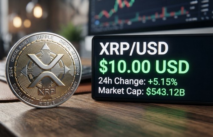 A close-up of a gold and silver Ripple (XRP) cryptocurrency coin displayed next to a digital screen showing XRP/USD trading at $10.00 USD, with a 24h change of +5.15% and a market cap of $543.12B.
