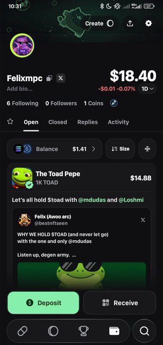 A screenshot of a Polymarket profile for "Felixmpc" showing a balance of $18.40 and a post in the Open tab titled "WHY WE HOLD $TOAD (and never let go) with the one and only @mdudas," addressed to the user @mdudas. The image illustrates the small account holder's attempt to engage a prominent figure about the $TOAD token, aligning with their question about whether small accounts can get replies.