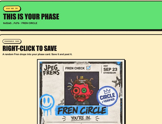 A webpage displays a 'Fren Circle' membership confirmation featuring a 'JPEG FRENS' card with a red character, marked 'CIRCLE VERIFIED' and 'YOU'RE IN.'