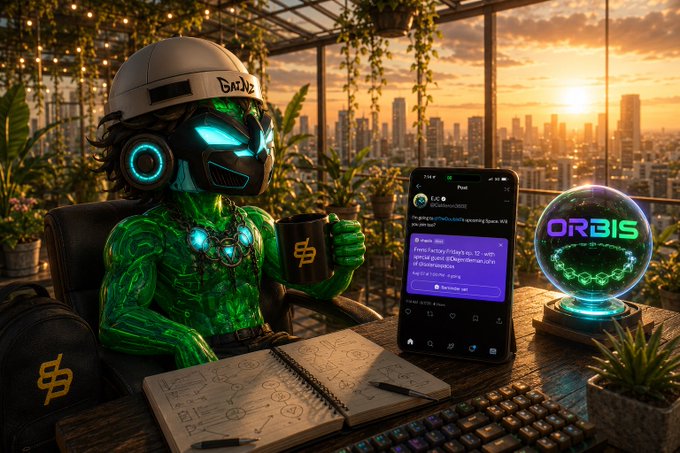 A glowing green-hued figure wearing "GME" branded headphones relaxes with a coffee mug while reviewing a post on X showing the @orbsonokeni handle at sunset, and beside them glows a crystal orb displaying "ORBIS" — visually echoing the post's message of staying disciplined, uplifting communities, and compounding progress 1% each day in Web3.