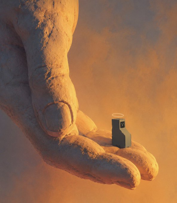 A small device with a halo sits in the palm of a giant stone hand against a hazy orange background, with a smiley face visible on the device.