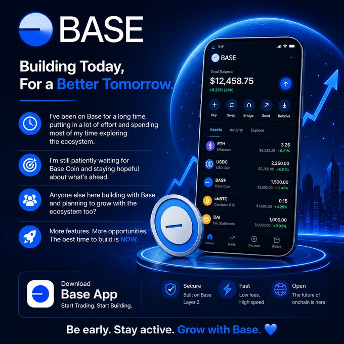 The image features a cell phone displaying an app called "Base" along with some text, including the phrase "I've been on Base for a long time, putting in a lot of effort and spending most of my time exploring the ecosystem". The main focus is on the cell phone screen, which shows the app's interface.
