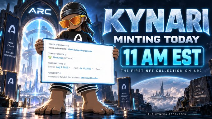 A futuristic "Kynari Minting Today - 11 AM EST" advertisement promotes the first NFT collection on Arc, featuring a character in sunglasses holding a token tracker screen showing "The Kynari" with 0 approvals, set against a sci-fi cityscape referencing the 4 USDC mint price and Kynera ecosystem.