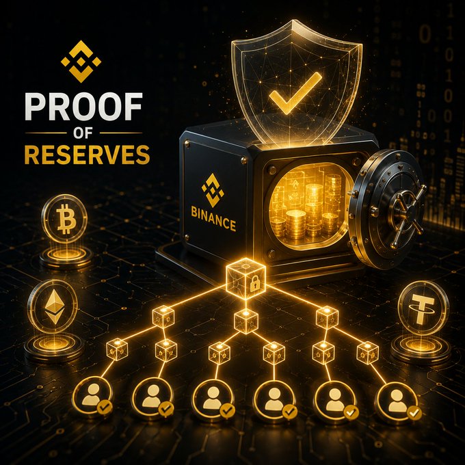 A glowing digital vault emblazoned with the Binance logo sits beneath a translucent "Proof of Reserves" shield, with golden circuitry linking verified user icons to coins representing Bitcoin, Ethereum, and Tether—visually reinforcing the post's message that true asset security now requires verifiable on-chain transparency rather than blind trust.