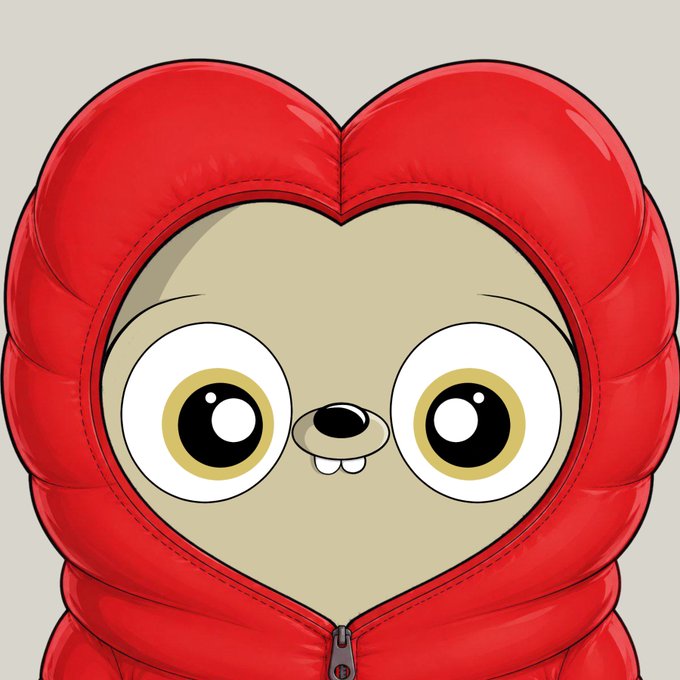 A cartoon illustration of a small creature with big eyes and prominent buck teeth, wearing a puffy red hooded jacket.