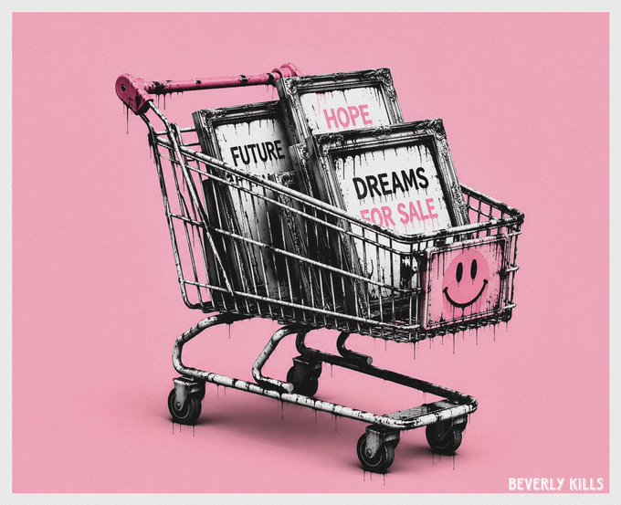 An artistic digital illustration titled 'BEVERLY KILLS' shows a distressed metal shopping cart on a pink background, filled with framed signs reading 'FUTURE', 'HOPE', and 'DREAMS FOR SALE', with a smiley face on the cart's pink panel.