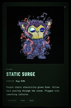 A digital collectible card titled 'STATIC SURGE' featuring a purple fuzzy creature, part of the 'Mega MENU' series, described as a purple static electricity glam fuzz yellow face peering through the storm. Plugged into something infinite. Tags: ELECTRIC, RARE, DARK.