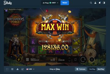 The image shows a Stake.com screenshot of a "Waylander's Forge" slot game displaying a "MAX WIN" of 198,136.00 with a payout multiplier of 12,813.6x, along with win details showing $128,569.92 won on a $10.00 bet. This aligns with the accompanying post celebrating the user's 7th "Trickster" max win achievement after 74,034 spins.