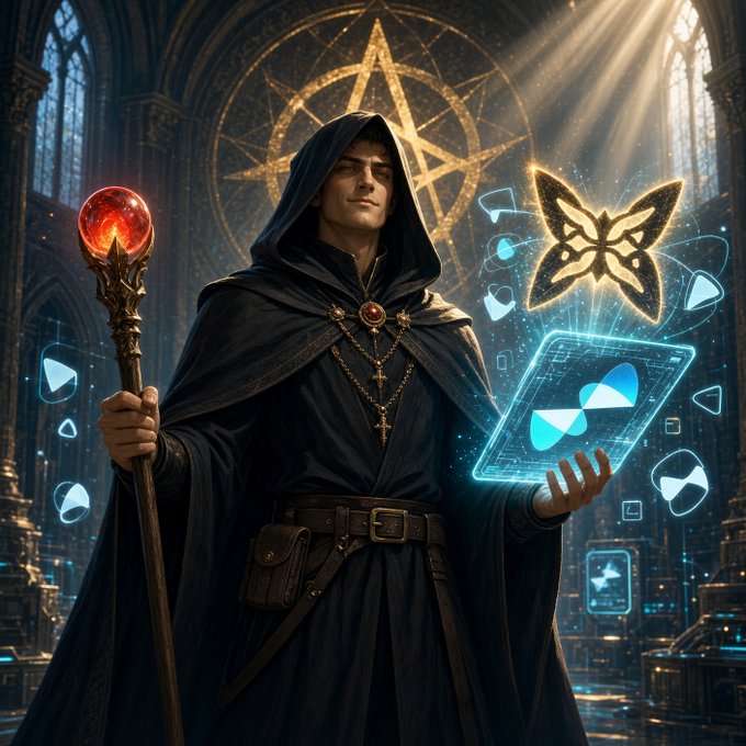 A digital artwork depicting a hooded figure in dark robes holding a staff with a glowing red orb, while a butterfly-shaped hologram projects from a holographic screen, set in a gothic interior with a pentagram symbol.