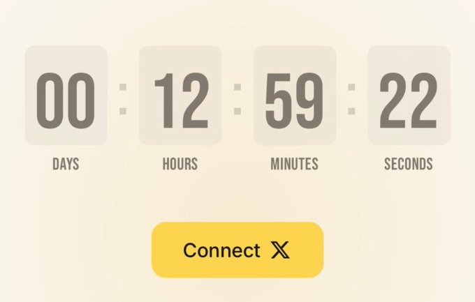 A countdown timer showing 00 days, 12 hours, 59 minutes, and 22 seconds, with a yellow 'Connect X' button below it.