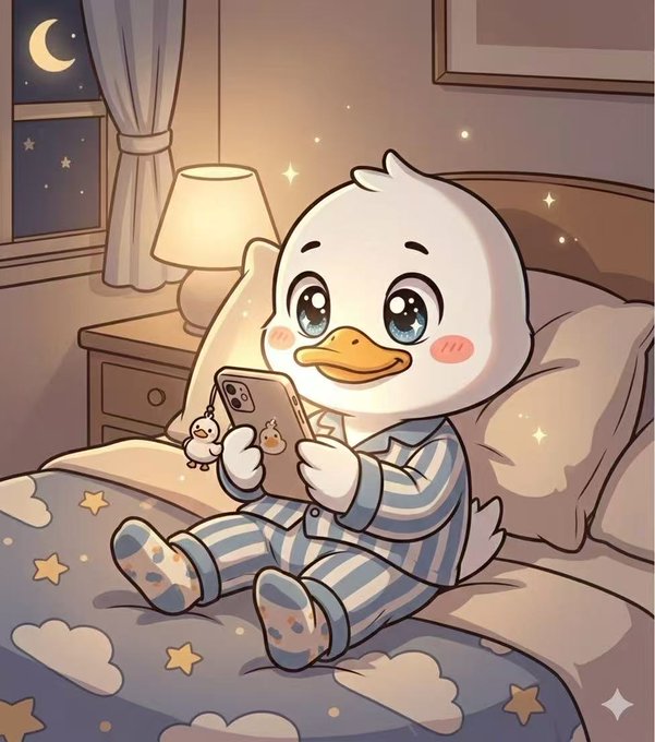 An illustration shows a cute baby duck in striped pajamas sitting on a bed, holding a smartphone, with a crescent moon visible outside the window.