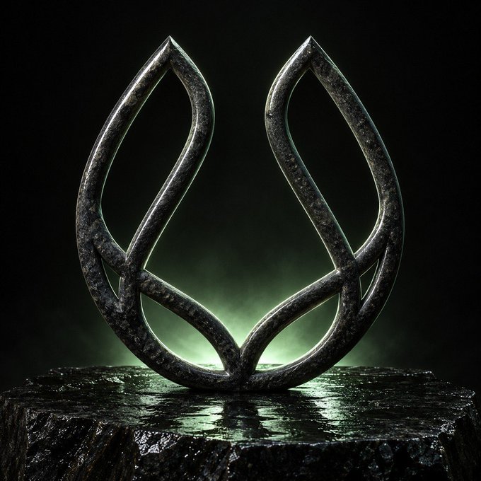 Dark metallic sculpture of two interlocking curved blade-like shapes displayed on a rocky pedestal with an eerie green backlight.