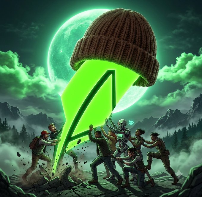 A digital illustration depicts a group of people working together with a robot to push a large green Ethereum logo wearing a brown beanie against a green moon backdrop.
