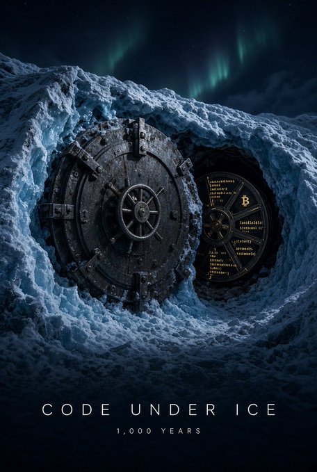 A dark, atmospheric image showing a heavy metal vault door set into ice under the northern lights. Text at the bottom reads 'CODE UNDER ICE 1,000 YEARS', and an inset circle shows Bitcoin code.