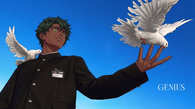 An anime-style illustration of a green-haired boy with glowing eyes wearing a school uniform, with white doves perched on his shoulder and hand against a blue sky, with the word 'GENIUS' in the corner.