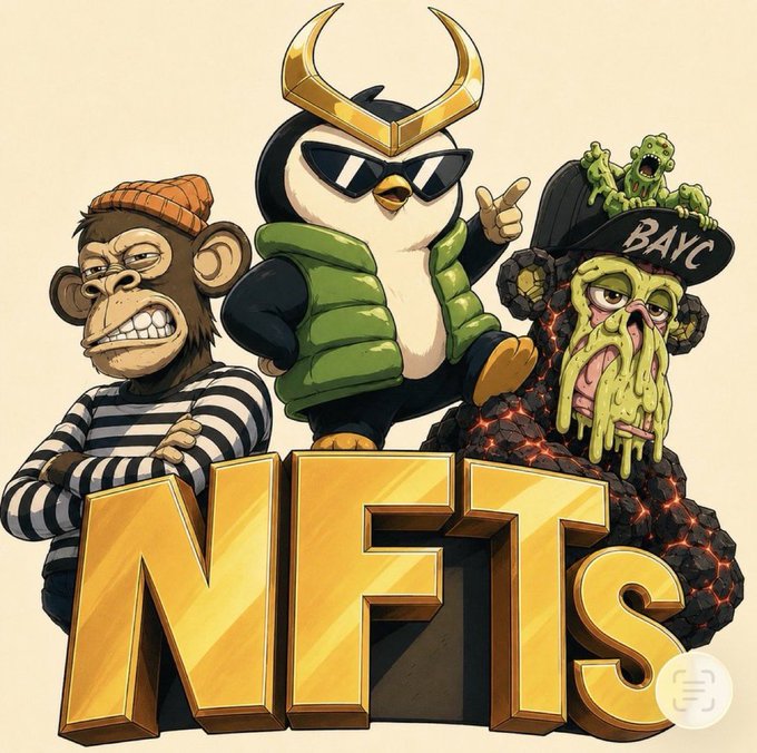 A cartoon illustration featuring a monkey in a striped shirt and beanie, a penguin in a green vest and sunglasses, and a melting green zombie-like creature, all behind large gold 'NFTs' text.