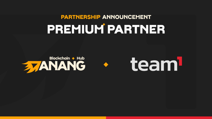 A partnership announcement graphic on a black background features the logos for 'Anang Blockchain Hub' and 'team1' as premium partners.