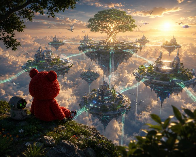 A red teddy bear and a small robot sit on a cliff overlooking a fantasy sky kingdom with floating islands connected by glowing energy streams, featuring a massive luminous tree at the center under a sunset sky.