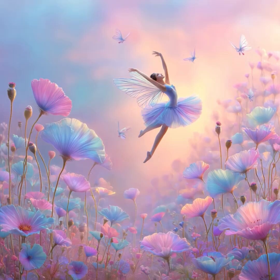 The image features a beautiful illustration of a woman dancing among flowers, with butterflies flying around her. The background consists of a field filled with colorful flowers, creating an enchanting atmosphere. The caption for this image reads "Happy Saturday friends" and "Sound on Solana NFT".