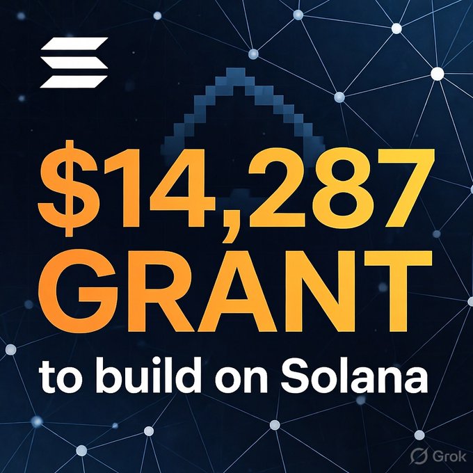 A promotional graphic with a dark network-patterned background announcing a '$14,287 GRANT to build on Solana', featuring the Solana logo and a 'Grok' watermark.