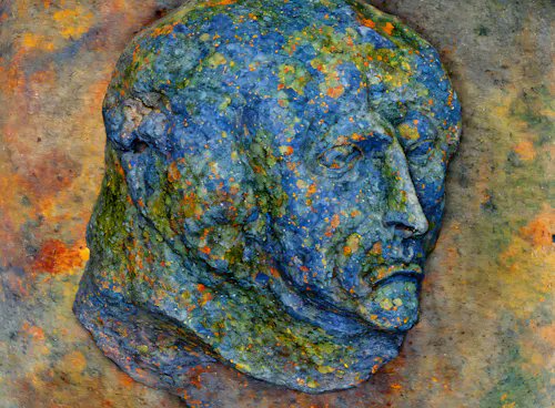 A sculpted bust of a face covered in blue, green, and orange textured patina, set against a similarly colored background.