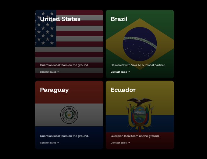 A Guardian website section displaying four country cards with their flags: United States, Brazil (delivered with Viva AI), Paraguay, and Ecuador, each indicating a local team on the ground.