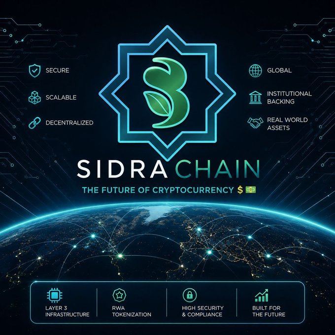 The promotional graphic showcases "Sidra Chain – The Future of Cryptocurrency" with a stylized green "S" logo framed by an Islamic eight-pointed star, set against a glowing Earth and circuit-board backdrop. Surrounding icons highlight its key features: Secure, Scalable, Decentralized, Global, Institutional Backing, and Real World Assets, with bottom callouts noting Layer 3 Infrastructure, RWA Tokenization, High Security & Compliance, and "Built for the Future" — visually reinforcing the project's promise of a new, globally-backed direction following the announced delays.