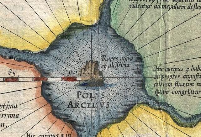 An antique map depicts the Arctic region labeled "Polus Arcticus" with a central black rock formation captioned "Rupes nigra et altissima" (a rock, black and very high), surrounded by Latin notations describing the perpetual day/night cycle at the North Pole. The image supports the post's symbolism by visually representing the ancient cartographic notion of a magnetic black mountain at the North Pole—the Rupes Nigra—paralleling the post's claim that BlackRock stands as a central, immovable force around which all else (including XRP as the guiding North Star) revolves.