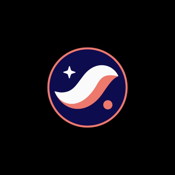 A circular navy blue and coral logo featuring a stylized wave or comet design with a small star, set against a black background. The minimalist emblem serves as branding imagery accompanying news about Starknet's quantum-resistant signature test on mainnet.