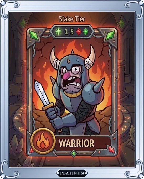 A fantasy trading card depicting a horned "WARRIOR" in spiked armor wielding a sword, marked "Stake Tier 1-5" with a "PLATINUM" tier badge at the bottom.