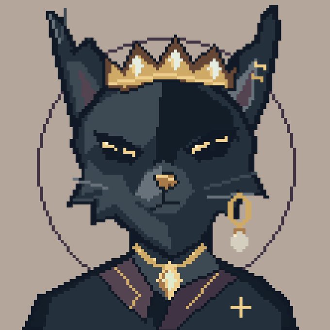 Pixel art portrait of a black panther-like character wearing a gold crown, a gold earring with a pearl, and a dark robe with a cross necklace.