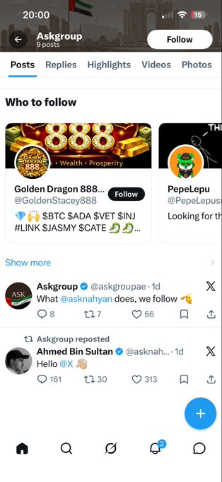 The image shows a social media app with a post from a group of people who are discussing a post about a guy named "Golden Dragon 888" who has just launched his X pages. The post includes several mentions, such as "golden dragon", "ollie", and "ollie". It seems that the group is sharing their thoughts on this new post or possibly discussing the content of the post.