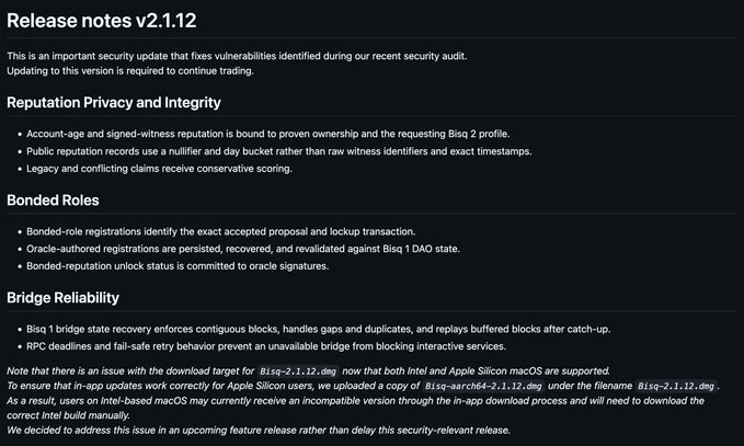 The image displays the release notes for Bisq 2 v2.1.12, detailing a critical security update with sections on "Reputation Privacy and Integrity," "Bonded Roles," and "Bridge Reliability," along with instructions for Apple Silicon users to download a specific .dmg file (Bisq-2.1.12.dmg or Bisq-arch64-2.1.12.dmg) due to an in-app download bug. The notes emphasize that updating is mandatory to continue trading, aligning with the post's announcement that this security patch addresses vulnerabilities found during a recent audit.