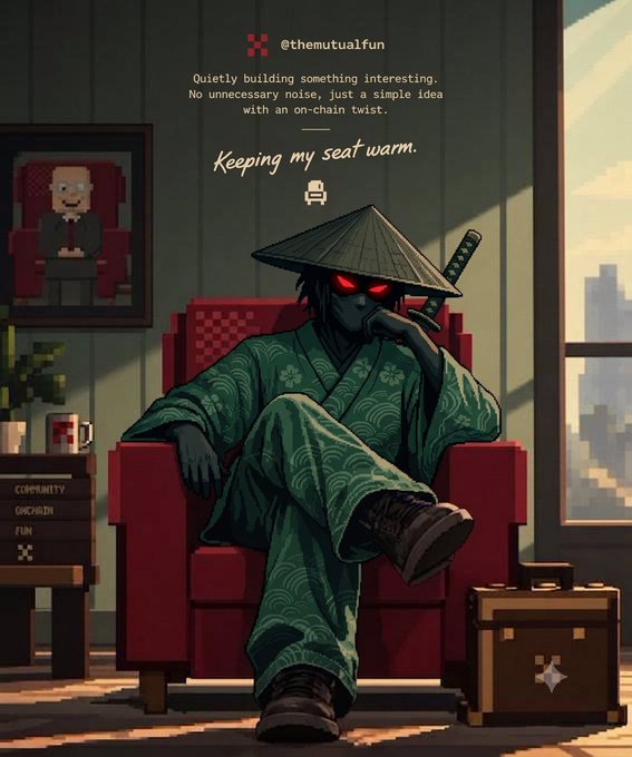 A pixel-art style illustration depicts a shadowy ninja-like figure with red glowing eyes wearing a conical hat and green kimono, sitting in a red armchair with the text 'Keeping my seat warm.'