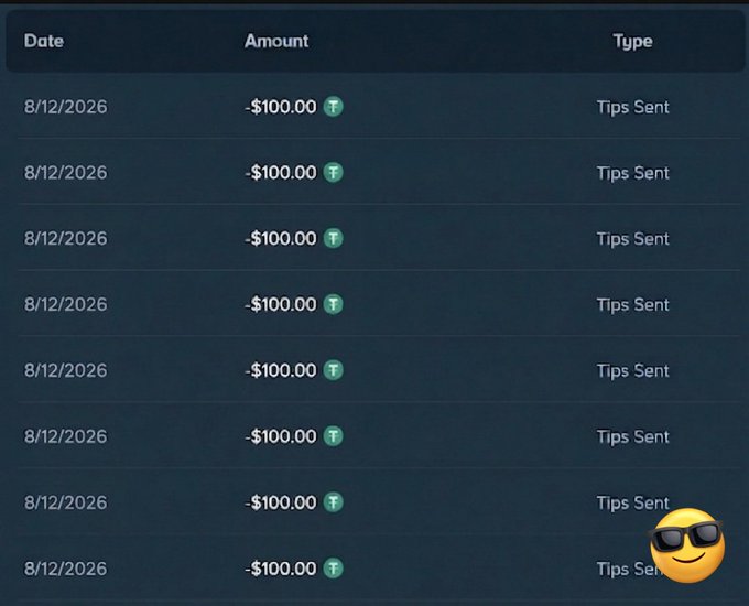 A transaction history table displays eight consecutive entries dated 8/12/2026, each showing a $100.00 outgoing tip transaction (indicated by the negative amount and green "T" icon) labeled "Tips Sent," visually demonstrating the daily $100 giveaway mentioned in the post promoting @Earnerfun's August tip campaign.