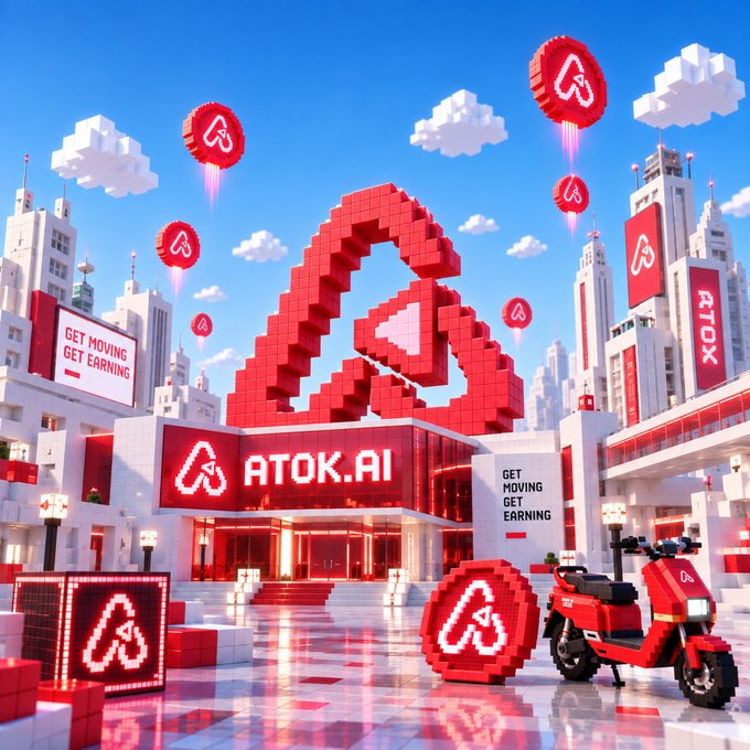 A 3D-rendered voxel-style cityscape features a large 'ATOK.AI' logo and red balloons with a heart-shaped symbol, accompanied by 'GET MOVING GET EARNING' text.