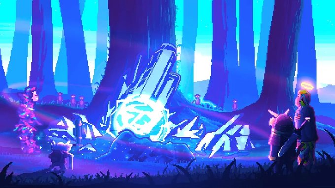 A pixel art scene showing a lone knight character with a halo standing before a glowing blue crystalline structure in a mystical forest with tall, blue-purple trees.