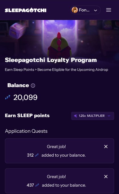The Sleepagotchi Loyalty Program page showing a balance of 20,099 SLEEP points with a 1.25x multiplier and recent quest rewards of 312 and 437 points added.
