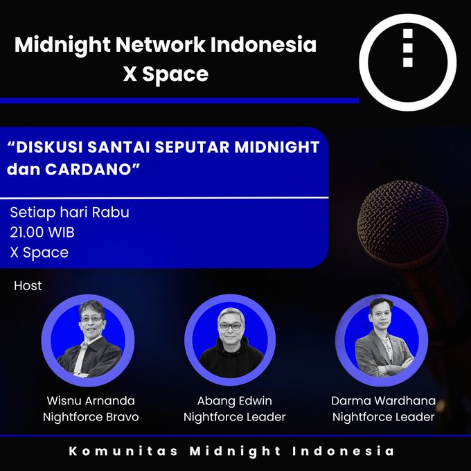 Promotional graphic for the Midnight Network Indonesia X Space event titled "DISKUSI SANTAI SEPUTAR MIDNIGHT dan CARDANO," scheduled every Wednesday at 21:00 WIB, hosted by Wisnu Arnanda (Nightforce Bravo), Abang Edwin, and Darma Wardhana (Nightforce Leaders) from the Komunitas Midnight Indonesia.