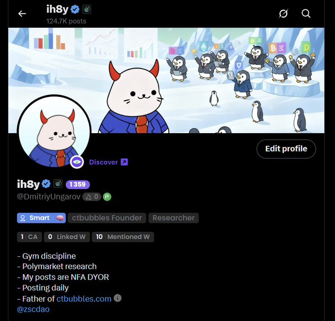 The image shows a Twitter/X profile page for "ih8y" (@DmitriyUngarov) displaying a "Smart" badge alongside tags like "ctbubbles Founder" and "Researcher," along with a bio noting 124.7K posts and mentioning Polymarket research and ctbubbles.com. The "Smart" badge visible on the profile corresponds directly to the post celebrating being awarded the Smart Badge by @getmoni_io, marking the achievement being highlighted.