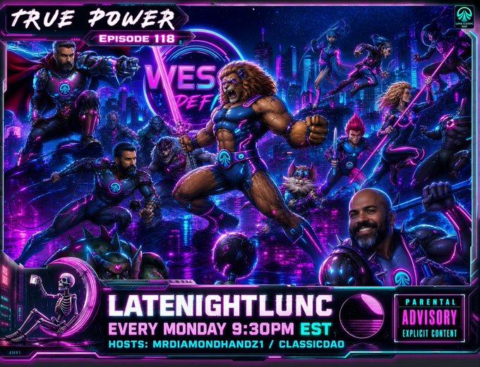 ersi's True Power podcast features a purple and blue cityscape with characters from the DC Comics universe, including Batman, Superman, and Spiderman.